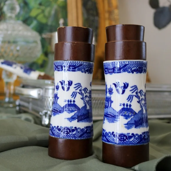 Blue and White Ceramic Vases with Brown Accents - Picture 3 of 5